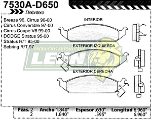 BALATA F.D. R.D. STRATUS, CIRRUS R/T 95-00, CIRRUS Y CONVERTIBLE, BREEZE V6, SEBRING 96-00