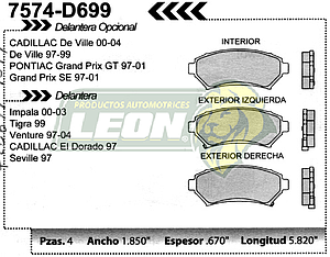 BALATA F.D. R.D. G.M. VENTURE 97-04, TIGRA 99, IMPALA 00-03, CADILLAC, DEVILLE, EL DORADO, SEVILLE 97-04