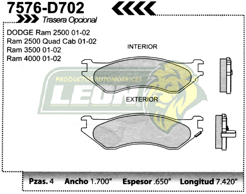 BALATA F.D. R.D. FORD EXPEDITION 97-02, F-150, F-250 95-02, LINCOLN NAVIGATOR 98-02,, DODGE RAM 1500, 2500, 3500, 4000 01-04