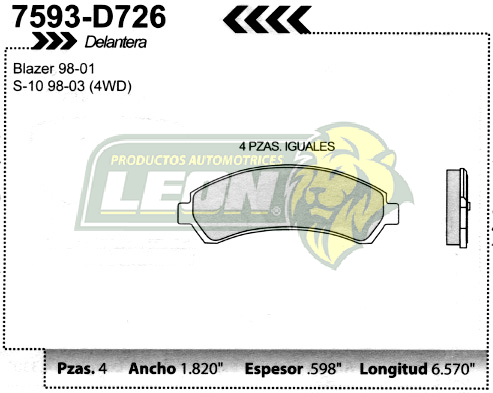 BALATA F.D. R.D. G.M. BLAZER, JIMMY 97-01, S-10, SONOMA 98-01, BRAVADA 97-01, HOMBRE 99-00