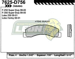 BALATA F.D. R.D. FORD PK-UP, F-250, S. DUTY 98-00, F-350 98-00, LOBO 250 00-04, EXCURSION 01-05