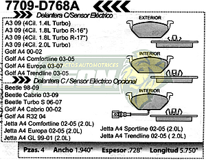 BALATA F.D. R.D. VW GOLF A4 99-06, JETTA A4 99-07, BEETLE 98-07 CON SENSOR