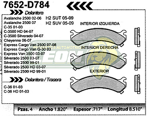 BALATA F.D. R.D. G.M. SILVERADO 2500 99, EXPRESS VAN G2500 97-01 EXPRESS VAN G3500 97-01, SUBURBAN 2500 00-02, SONORA 00-02, AVALANCHE 99-04, HUMMER H2 03-06