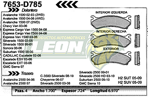 BALATA F.D. R.D. G.M. SILVERADO 1500 99, EXPRESS VAN G1500 97-01, SONORA, SUBURBAN 1500 00-02, ESCALADE 00-04 EXT 02-04, SILVERADO 2500 99, SUBURBAN 2500 00-02, SONORA 2500 00-02, R.T. HUMMER H2 03-04, R.T. G.M.AVALANCHE 2500, SILVERADO 2500