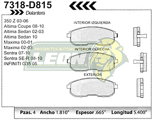 BALATA F.D. R.D. NISSAN ALTIMA 02-09, MAXIMA 00-03, SENTRA 07-10, 350Z 03-05, VERSA 07-09
