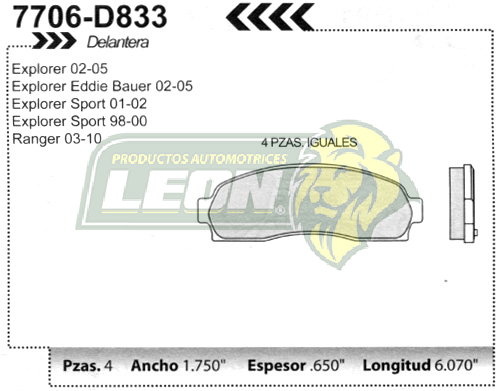 BALATA F.D. R.D. FORD EXPLORER 01-05, SPORT 01, RANGER 03-12, MAZDA B2300, B3000, B4000 03-10, MERCURY MOUNTAINNER 02-05