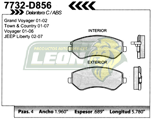 BALATA F.D. R.D. CHRYSLER TOWN & COUNTRY, MINI VAN, CARAVAN Y GRAND CARAVAN 01-04, VOYAGER, GRAN VOYAGER 01-03, JEEP LIBERTY 02-07 CON ABS