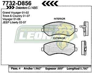 BALATA F.D. R.D. CHRYSLER TOWN & COUNTRY, MINI VAN, CARAVAN Y GRAND CARAVAN 01-04, VOYAGER, GRAN VOYAGER 01-03, JEEP LIBERTY 02-07 CON ABS
