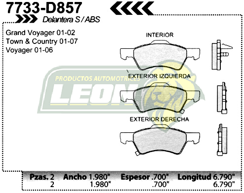 BALATA F.D. R.D. CHRYSLER TOWN & COUNTRY, MINI VAN, VOYAGER Y GRAND VOYAGER, CARAVAN Y GRAND CARAVAN 01-03 SIN ABS