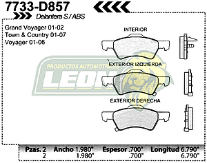 BALATA F.D. R.D. CHRYSLER TOWN & COUNTRY, MINI VAN, VOYAGER Y GRAND VOYAGER, CARAVAN Y GRAND CARAVAN 01-03 SIN ABS
