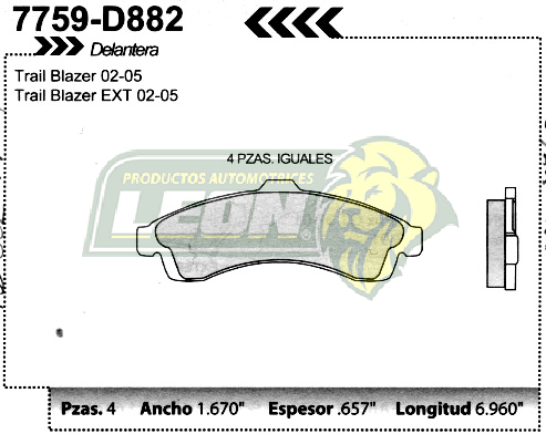 BALATA F.D. R.D. G.M. TRAIL BLAZER 02-06, ENVOY 02-05, S-10 02-, BRAVADA 02-04, SONOMA 02-06