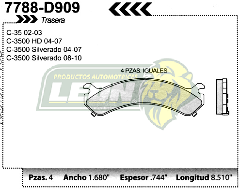 BALATA F.D. R.T. G.M. SIERRA 3500 01-07, SILVERADO 2500, 3500 99-07, SILVERADO HD 12000 07-09, C-4500 01-