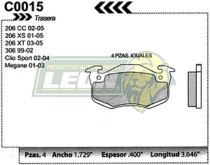 BALATA F.D. R.D. PEUGEOT 206 XS 01-07, 206 XT 03-07, 206CC 02-07, 306 99-02, RENAULT CLIO SPORT 02-08, MEGANE 01-04