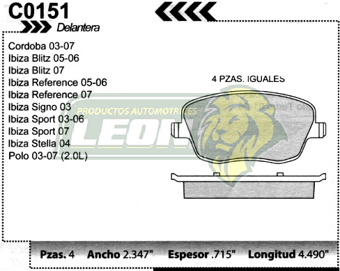 BALATA F.D. R.D. SEAT IBIZA 03-07, CORDOBA 03-07, VW POLO 03-08