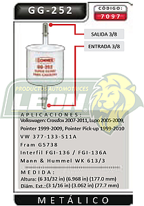 FILTRO GASOLINA VW LUPO, POINTER PK-UP, STATION WAGON, GTI 1.6, 1.8, 2.0L 99-06