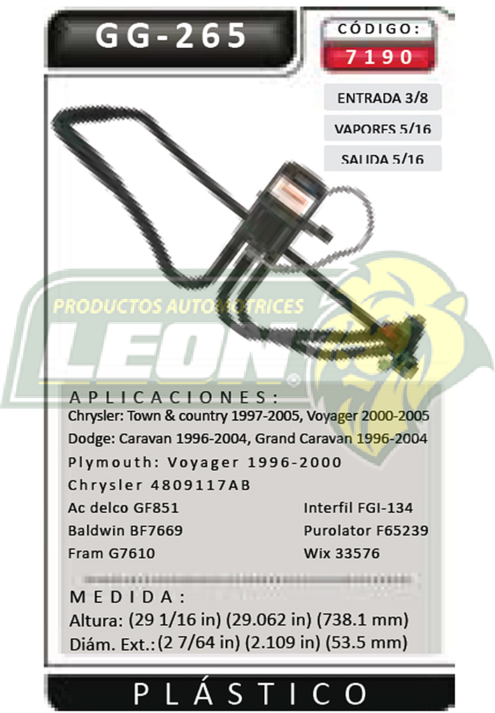 FILTRO GASOLINA CHRYSLER GRAND VOYAGER, TOWN & COUNTRY, CARAVAN 4 Cil. 2.4L, V6 3.3, 3.8L