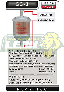 FILTRO GASOLINA UNIVERSAL CHICO FORD, G.M., DODGE 5/16 CON MANGUERAS PLASTICO