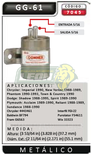 FILTRO GASOLINA CHRYSLER PHANTOM 87-93, SHADOW 89-90, SPIRIT 90 2.2, 2.5L