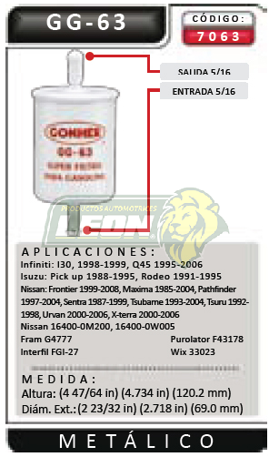 FILTRO GASOLINA NISSAN MAXIMA, PATHFINDER, QUEST, TSUBAME, URVAN, INFINITI Q45 METALICO