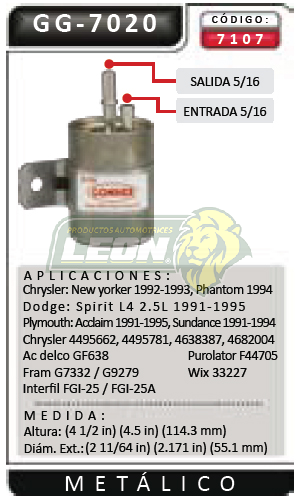FILTRO GASOLINA CHRYSLER SPIRIT, SHADOW TODOS 4 Cil. M.2.2 Y 2.5L 89-94