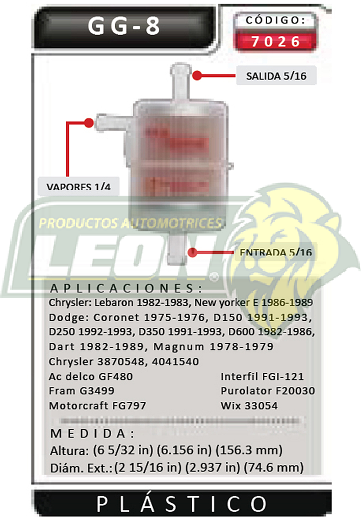 FILTRO GASOLINA CHRYSLER “K” VARIOS PLASTICO