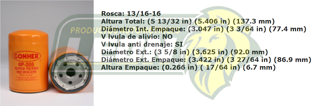 FILTRO ACEITE G.M. SILVERADO 3500, EXPRESS CARGO VAN, CHEYENNE 400SS, SUBURBAN, SERVICIO PESADO G.M. TOPKICK, CAMION, KODIAK, THOMAS BUS, MID BUS, MASSEY-FERGUSON, ISUZU, HYSTER, GIRARDIN, DETROIT DIESEL, CORBEIL BUS, COLLINS, COACH & EQUIPMENT, CARPENTER, BLUE BIRD, ALLIS CHALMERS
