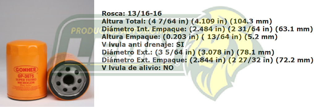 FILTRO ACEITE G.M. UPLANDER 06-10 3.9L, MALIBU 06-10 3.5, 3.9L, S-10 04-06 3.9, 4.6L, SILVERADO 99-02 4.8, 5.3, 6.0L, SUBURBAN 00-02 4.8, 5.3, 5.7, 6.0L, TRAIL BLAZER 02-09 4.2L, TAHOE 00-02 4.8, 5.3, 6.0L (CORTO)