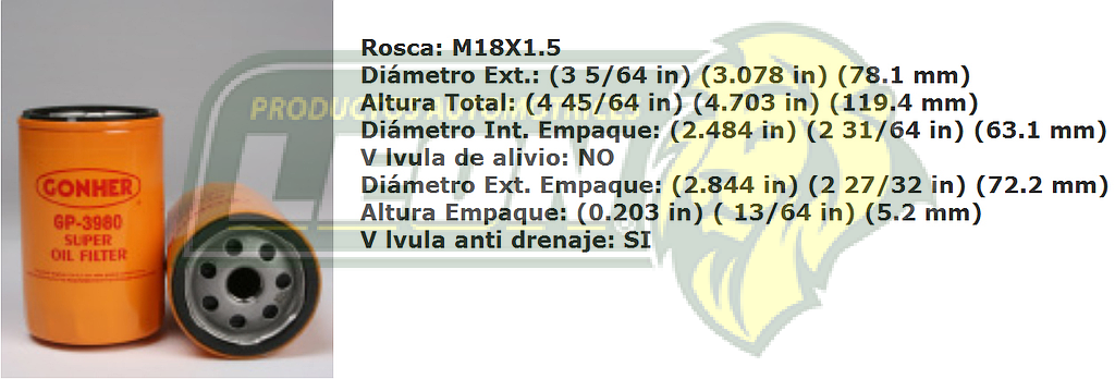 FILTRO ACEITE G.M. CORVETTE, EUROSPORT 3.1L 93-97, CUTLASS, CENTURY, BLAZER, C-1500 LARGO, SERVICIO PESADO HYSTER, G.M. CAMION