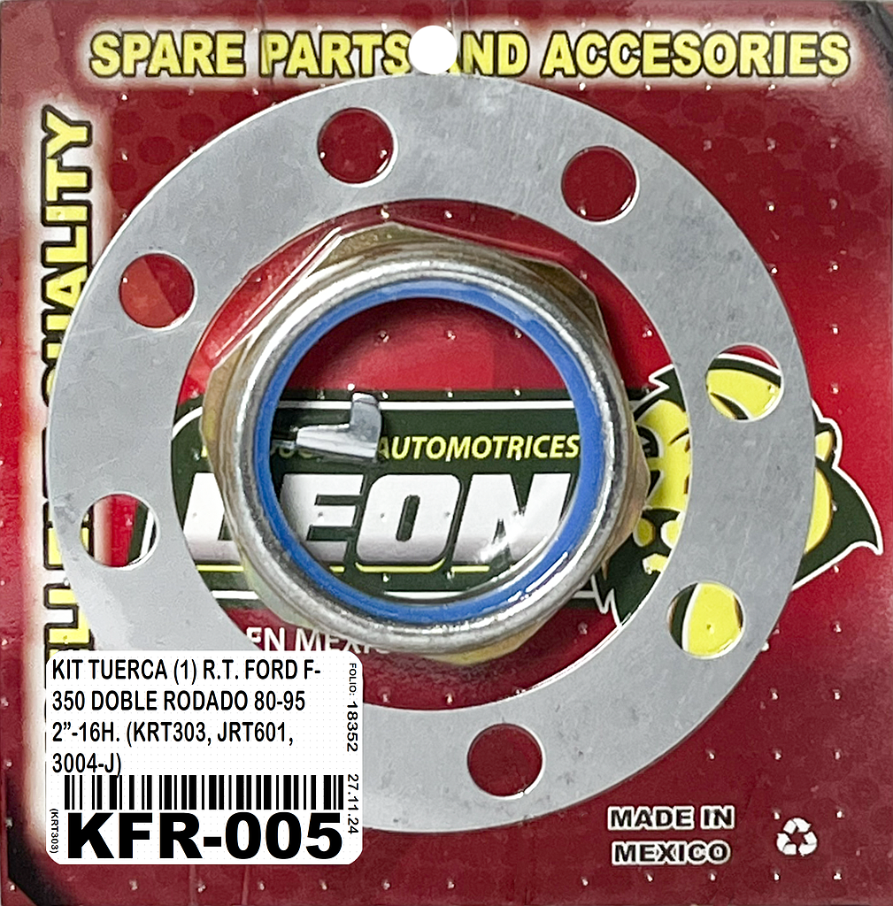 KIT TUERCA (1) R.T. FORD F-350 DOBLE RODADO 80-95 2”-16H. (KRT303, JRT601, 3004-J)