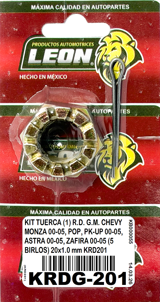 KIT TUERCA (1) R.D. G.M. CHEVY MONZA 00-05, POP, PK-UP 00-05, ASTRA 00-05, ZAFIRA 00-05 (5 BIRLOS) 20x1.0 mm KRD201