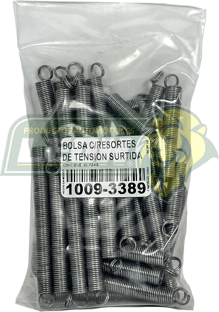 CAJA o BOLSA DE RESORTE TENSION SURTIDA (30 pzas) (6 pzas. de 34 mm., 6 pzas. de 51 mm., 6 pzas. de 63 mm., 6 pzas. de 68 mm., 6 pzas. de 108 mm.) LEON HO649