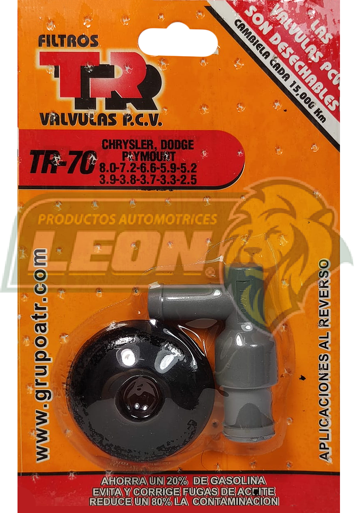 VALVULA PCV TR CHRYSLER TOWN & COUNTRY 3.8L V6 94-02, GRAND VOYAGER 3.8L V6 94-02, VOYAGER 3.3L V6 95-00, LEBARON 5.9L V8 78-81, VALIANT 3.7L L6 70-82, BARRACUDA 5.2L V8 67-69, DODGE CORONET 3.7L L6 70-71, DART 5.2L V8 79-82, MONACO 5.2L V8 70-77, DURANGO 5.9L V8 98-03, SHADOW TURBO 2.5L L4 88-94, SPIRIT TURBO 2.5L L4 90-95 (INC. EMPAQUE)