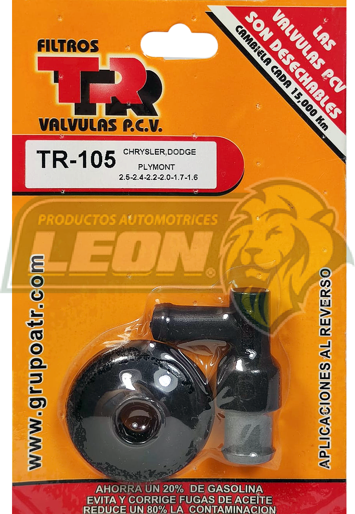 VALVULA PCV TR CHRYSLER LEBARON 2.2L L4 83.87, NEW YORKER 2.2L L4 86-90, 600 K 2.2L L4 84.85, TOWN COUNTRY 2.2L L4 82-84, PLYMOUTH BREEZE 2.0L L4 1996, DODGE 600 2.2L L4 84-85, ARIES 2.2L L4 1981, AVENGER 2.0L L4 95-99, CARAVAN 2.2L L4 84-00, CHALLENGER 1.6L L4 78-79, CHARGER 2.2L L4 1984, GRAND CARAVAN 2.4L L4 96.97, OMNI 1.7L L4 78-83, 2.2L L4 78-83, RAMPAGE 2.2L L4 83-84, ARROW 1.6L L4 78-80, 2.0L L4 78-79, CARAVELLE 2.2L L4 83-84, CHAMP 1.4L L4 1979, 1.6L L4 79-80, COLT 1.6L L4 78-79, 2.0L 1978, 2.6L 78-79, 1.4L 1979, GRAND VOYAGER 2.4L L4 96-97, HORIZON 1.7L L4 78-83, RELIANT 2.2L L4 81-84, SAPPORO 1.6L L4 78.79, SCAMP 2.2L L4 1983, SUNDANCE 2.5L L4 1988, TURISMO 1.6L L4 1985, VOYAGER 2.2L L4 1984, 2.4L 96-00 MAZDA 929 3.0 V6 90-91, MITSUBISHI ECLIPSE 2.0L L4 95-99 (INC. EMPAQUE)