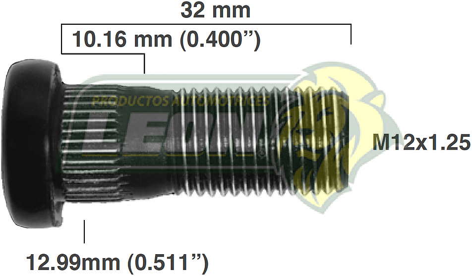 BIRLO RUEDA NISSAN PK-UP NP300 08-15 R.D. 12x1.25x32 mm ESTRIADO 12.99x10.16 mm