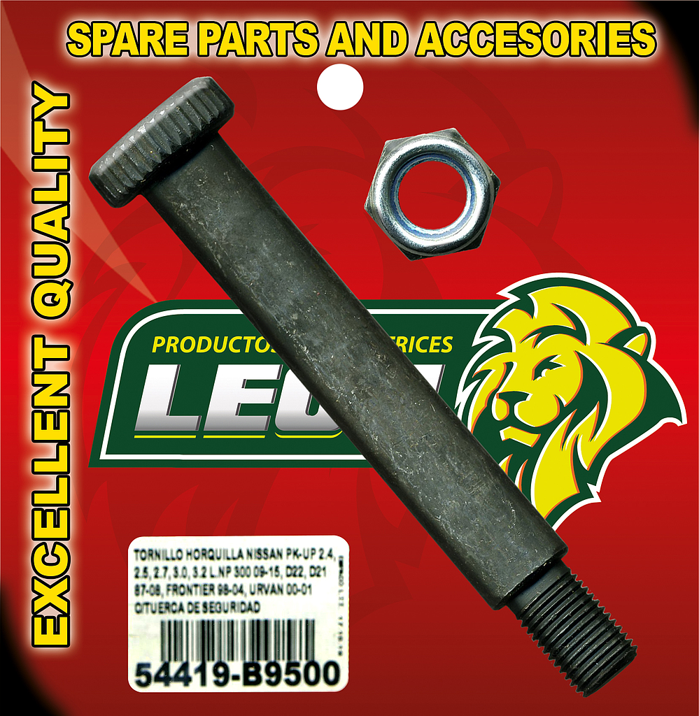 TORNILLO HORQUILLA NISSAN PK-UP 2.4, 2.5, 2.7, 3.0, 3.2L NP300 09-15, D22, D21 87-08, FRONTIER 98-04, URVAN 00-01 C/TUERCA DE SEGURIDAD LEON