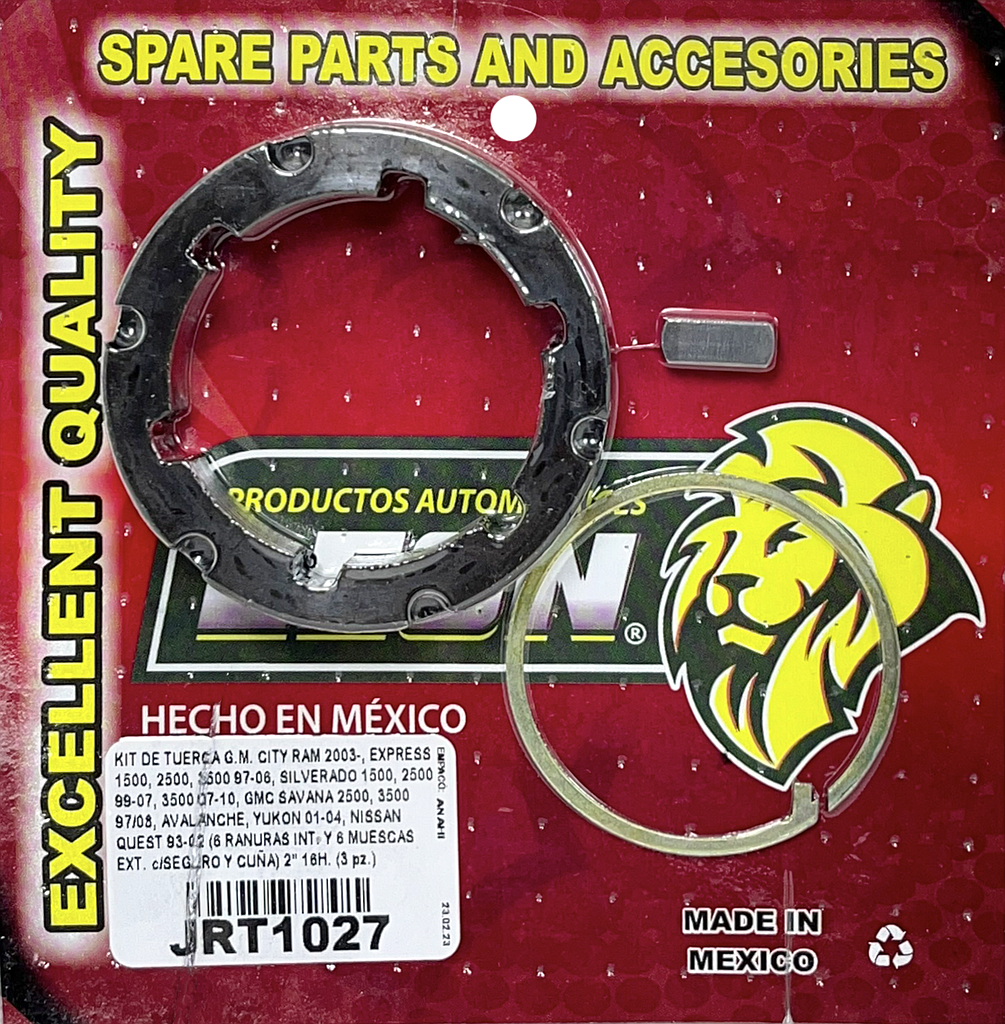 KIT DE TUERCA G.M. CITY RAM 2003-, EXPRESS 1500, 2500, 3500 97-06, SILVERADO 1500, 2500 99-07, 3500 07-10, GMC SAVANA 2500, 3500 97/08, AVALANCHE, YUKON 01-04, NISSAN QUEST 93-02 (6 RANURAS INT. Y 6 MUESCAS EXT. c/SEGURO Y CUÑA) 2” 16H. (3 pz.)