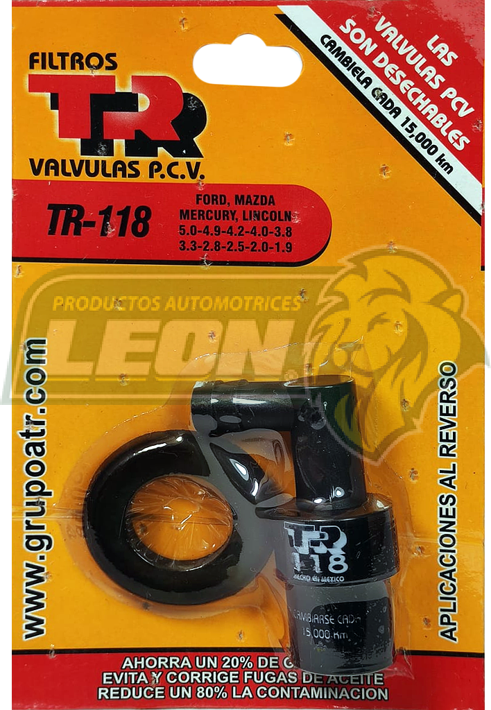 VALVULA PCV TR FORD F-150 4.9L L6 95-96, AEROSTAR 4.0L V6 94-95, EXPLORER 4.0L V6 91-94, TAURUS WAGON 3.8L V6 89-91, THUNDERBIRD 3.8L V6 85-87, FAIRMONT 4.2L V8 80-82, BRONCO 4.9L L6 90-92, BRONCO II 2.8L V6 84-85, F-100 4.2L V8 1981, 3.8L V6 1982, F-150 4.9L L6 85-86, F-250 4.9L L6 85-86, F-350 4.9L L6 85-86, GRANADA 4.2L V8 1980, LTD 3.3L L6 1982, 3.8L V6 83-84, MUSTANG 3.3L L6 80-82, 4.2L V8 1980, 3.8L V6 84-86, RANGER 2.8L V6 83-85, 2.9L V6 87-92, MERCURY COUGAR 3.8L V6 85-87, CAPRI 3.3 LINCOLN CONTINENTAL 3.8L V6 1982, MAZDA NAVAJO 4.0L V6 91-94 (INCLUYE EMPAQUE)