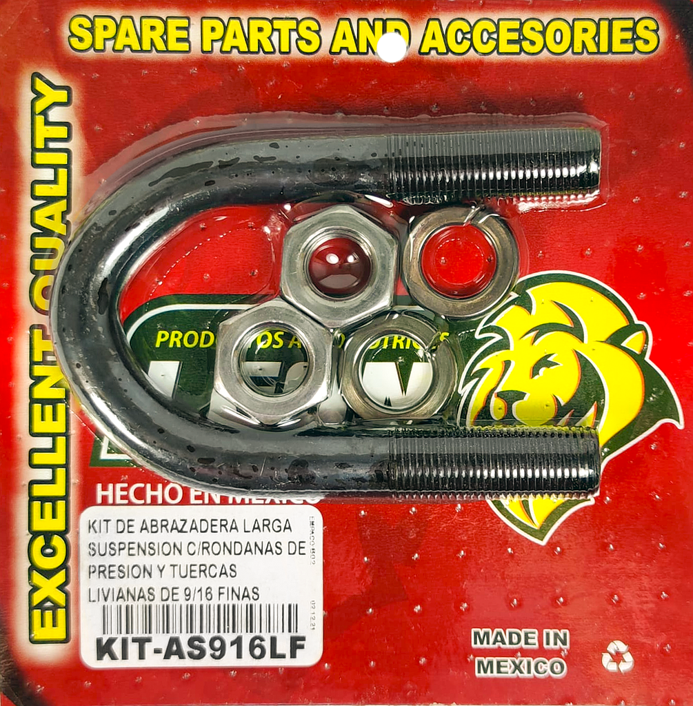 KIT DE ABRAZADERA LARGA PARA SUSPENSION C/RONDANAS DE PRESION Y TUERCAS LIVIANAS DE 9/16 FINAS