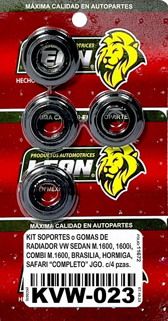 KIT SOPORTES o GOMAS DE RADIADOR VW SEDAN M.1600, 1600i, COMBI M.1600, BRASILIA, HORMIGA, SAFARI “COMPLETO” JGO. c/4 pzas.