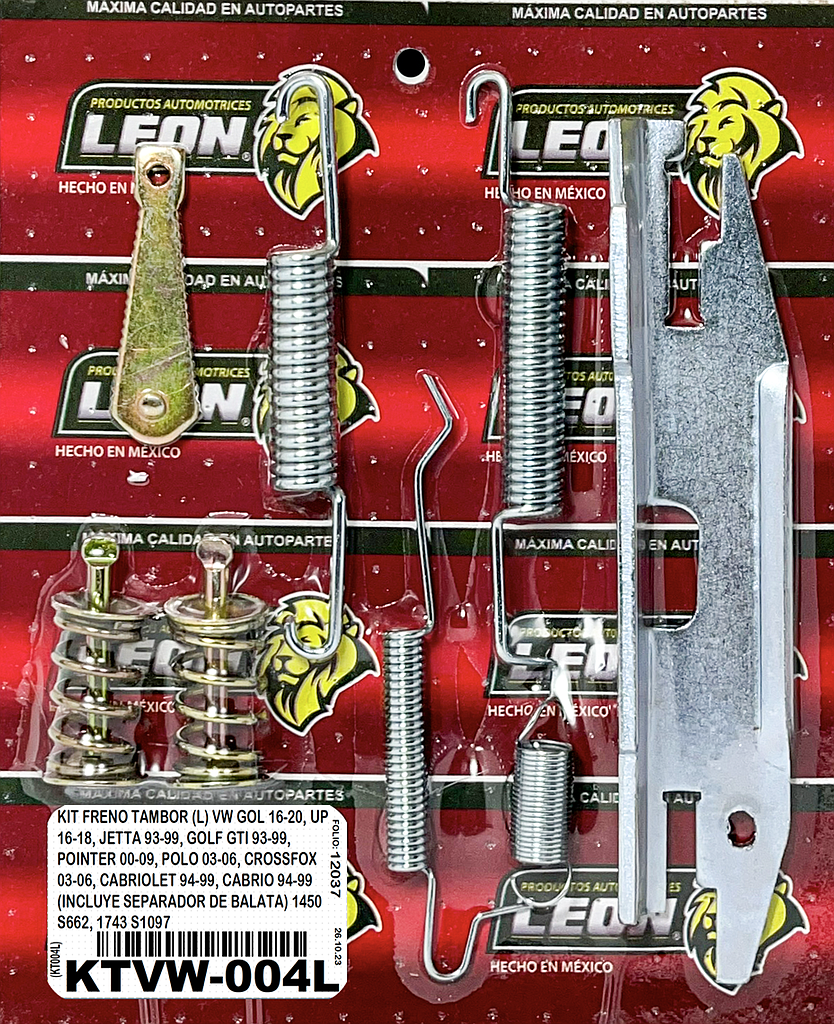KIT FRENO TAMBOR (L) VW GOL 16-20, UP 16-18, JETTA 93-99, GOLF GTI 93-99, POINTER 00-09, POLO 03-06, CROSSFOX 03-06, CABRIOLET 94-99, CABRIO 94-99 (INCLUYE SEPARADOR DE BALATA) 1450 S662, 1743 S1097 (KT004L)