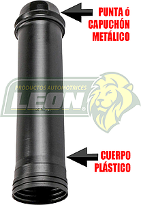 CUBREPOLVO P/REBOTE AMORTIGUADOR G.M. AVEO 09-18 1.6L, SPARK, PONTIAC G3 06-10 1.6L TRASERO “LARGO PUNTA ó CAPUCHÓN METÁLICO, CUERPO PLÁSTICO” BRUCK