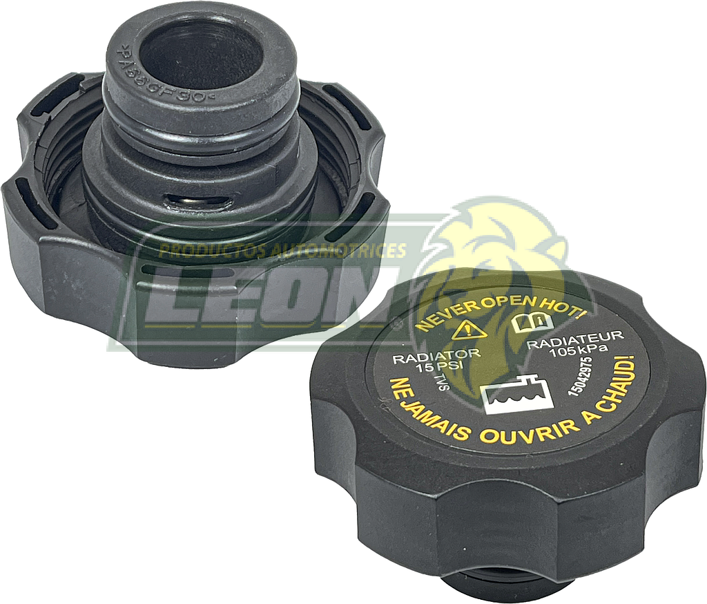 TAPON DEPOSITO ANTICONGELANTE G.M CAVALIER, MALIBU 4C. 2.0L 03-15, 2.2, 2.4L 97-04, SILVERADO 2500, 3500 V6 6.6L 01-07, 4.3, 4.8, 5.3, 6.0L 07-11, CAPTIVA 6C. 3.0L 08-13, AVALANCHE 8C. 6.6L 03-07, TAHOE 4.3, 4.8, 5.3, 6.0L 07-11, BUICK LACROSSE 4C. 2.4L 10-13, BUICK REGAL 4C. 2.4L 11-13, CADILLAC XTS 4C. 2.0L 2013, ESCALADE 4.3, 4.8, 5.3, 6.0L 07-11, PONTIAC GRAND AM 2.4L 99-05, PONTIAC SUNFIRE 95-05, GMC SIERRA 2500, 3500 V8 6.6L 01-07, YUKON 4.3, 4.8, 5.3, 6.0L 07-11 15 Psi., 105 Kpa. (15075118, 6132224, 6158572, 6712361, 6813489, 6797286) QUEZADA