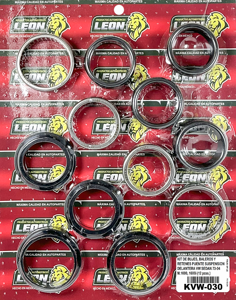KIT DE BUJES, BALEROS Y RETENES PUENTE SUSPENSION DELANTERA VW SEDAN 73-04 M.1600, 1600i (12 pzas.)