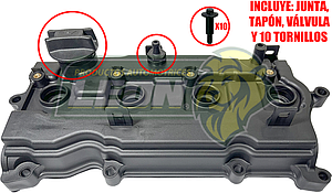 TAPA PUNTERIAS NISSAN PK-UP D23 NP300 2.5L 16V, 16-21, FRONTIER 16-22 2.5L GASOLINA, ROGUE 08-13, ALTIMA 07-13, SENTRA 07-12, X-TRAL, 07-14 2.5L, NV350 19-22 (INCLUYE JUNTA, TAPON, VÁLVULA Y 10 TORNILLOS)