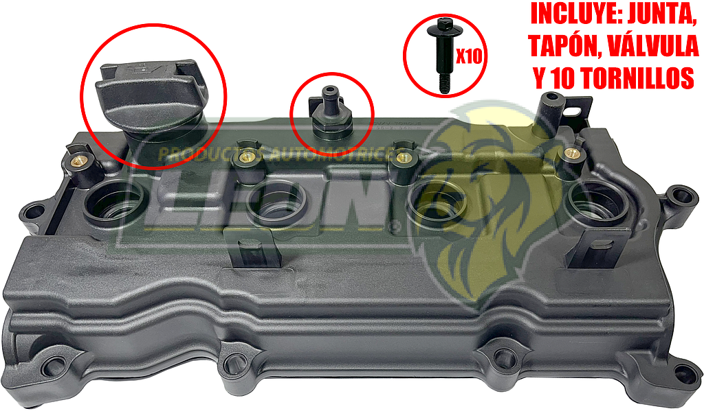 TAPA PUNTERIAS NISSAN PK-UP D23 NP300 2.5L 16V, 16-21, FRONTIER 16-22 2.5L GASOLINA, ROGUE 08-13, ALTIMA 07-13, SENTRA 07-12, X-TRAL, 07-14 2.5L, NV350 19-22 (INCLUYE JUNTA, TAPON, VÁLVULA Y 10 TORNILLOS)
