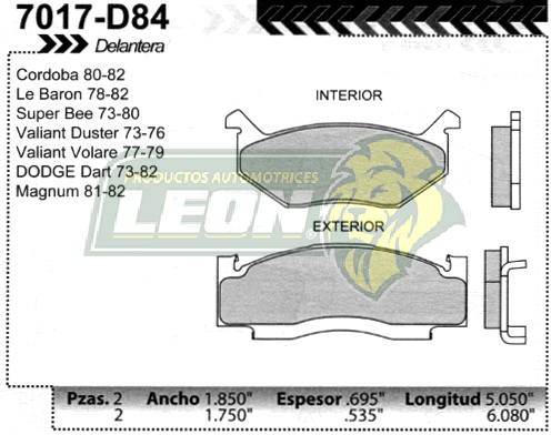 BALATA F.D. CORDOBA 80-82, LeBARON 78-82, DART 77-82, MAGNUM 81-82, S. BEE 77-80, VALIANT 77-81