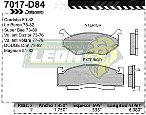 BALATA F.D. CORDOBA 80-82, LeBARON 78-82, DART 77-82, MAGNUM 81-82, S. BEE 77-80, VALIANT 77-81