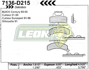 BALATA F.D. BUICK CENTURY 89-96, OLDSMOBILE CUTLASS Y EUROSPORT 91-96, CTA. SILHOUTTE 91