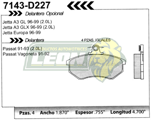 BALATA F.D. GOLF, JETTA A3 2.0L GL, GLX, 93-99, JETTA VR6 95-96, PASSAT 91-92 (DISCO VENTILADO) IBIZA 01-02, CORDOBA 01-02