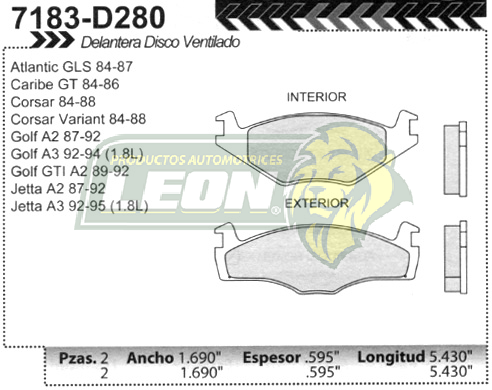 BALATA F.D. ATLANTIC GLS 84-87, CARIBE GT 84-86, JETTA A2, A3 (DISCO VENTILADO)